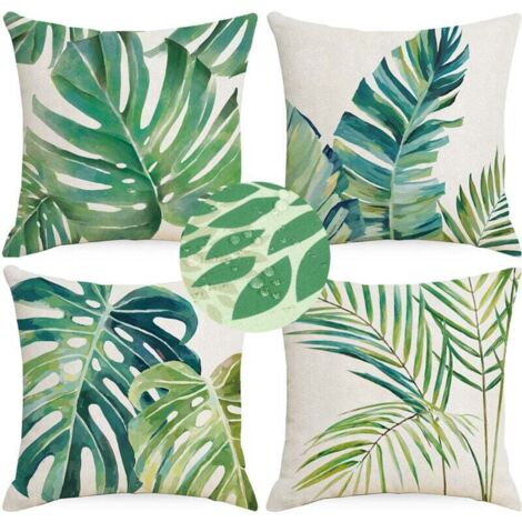 Fodera per cuscino con foglie tropicali, 45 x 45 cm, in poliestere e lino, con foglie di palma verde, per divano, giardino, decorazione primaverile ed estiva, 4 pezzi