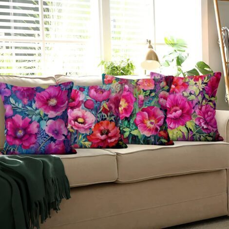 Fodera per cuscino floreale retrò 45x45 cm, set di 4 cuscini per divano con fiori rossi oliati, federa decorativa in tessuto di lino lavabile.