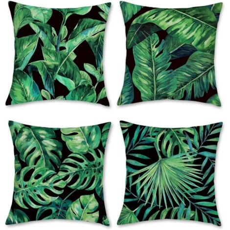 Fodere per cuscini con motivo foglie tropicali, set da 4 pezzi, 45x45 cm, in poliestere e lino, per divano, letto, sedia, auto, soggiorno e arredamento casa, colore verde.