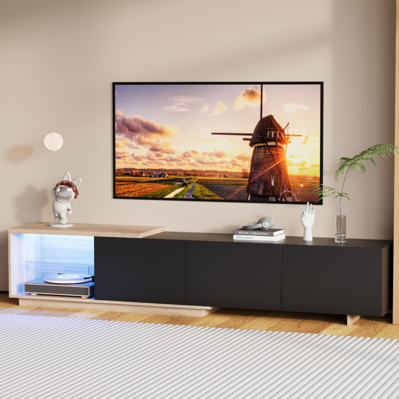 FOERPL-Meuble TV modulaire avec Eclairage LED, Meuble TV Extensible avec 3 Tiroirs, Armoire de Télévision avec Rangement Ouvert, Ensemble Meuble TV