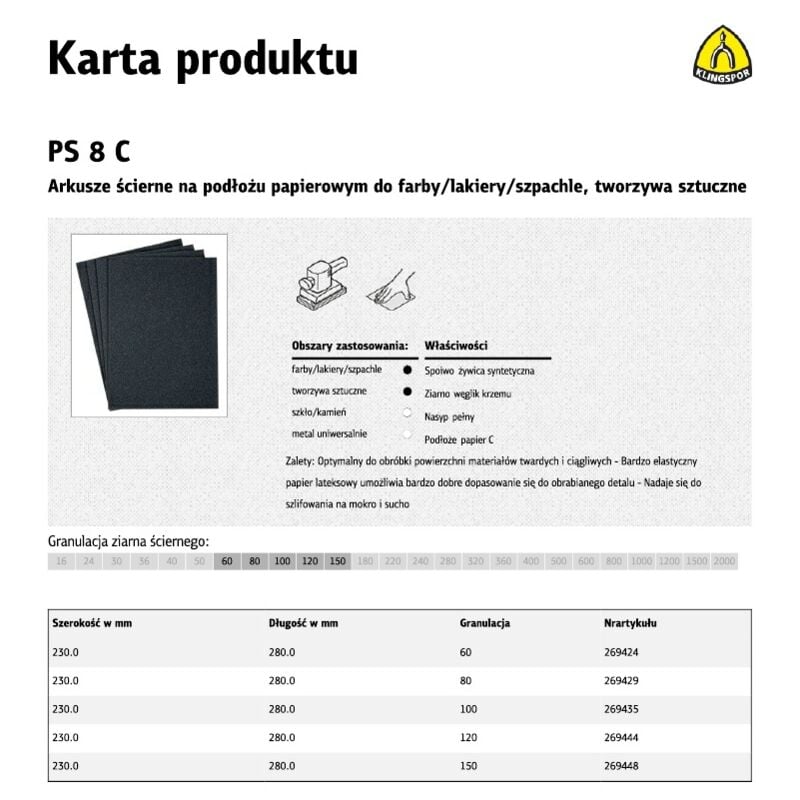Klingspor arkusze ścierne na podłożu papierowym