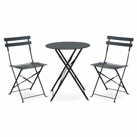 Foldable anthracite grey Emilia bistro garden set, Ø60cm round table with two foldable chairs, thermo-lacquered steel