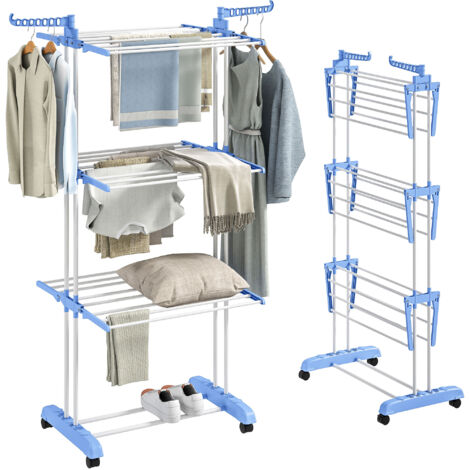 Foldable Clothes Drying Rack, 4-Tier Steel Garment Laundry Rack with Castors for Indoor and Outdoor Use, Blue