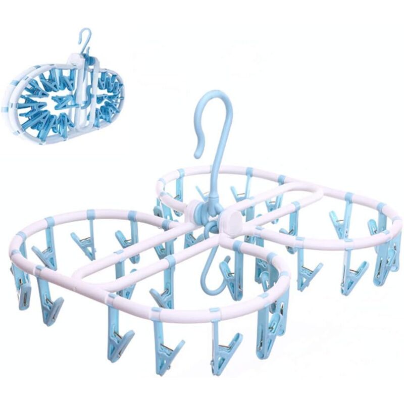 ZVD - Foldable Clothes Hangers with 32 Clips, Collapsible Clothes Drying Rack, Travel Clothes Hanger, Easy Storage, Space Saving (Blue)