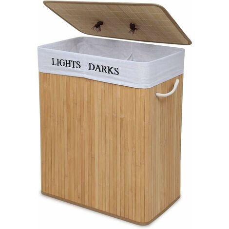 Foldable Laundry Basket 2 Compartments 52 x 32 x 62.5cm Bamboo Laundry Basket 100L Laundry Bin and Removable Bag Washable Natural