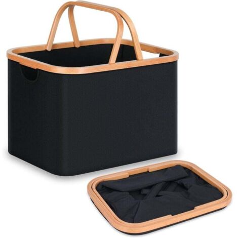 Foldable Laundry Basket, 43L Bamboo Fabric Foldable Storage Basket, Foldable Laundry Hamper, Laundry Baskets for Bedroom, Bathroom (Black, Foldable Handle) MUMU