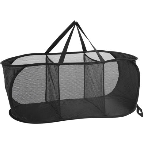 Foldable Laundry Basket Mesh Oxford Cloth 3 Section Pop Up Laundry Hamper Clothes Basket for Bathroom Dorm Travel Black