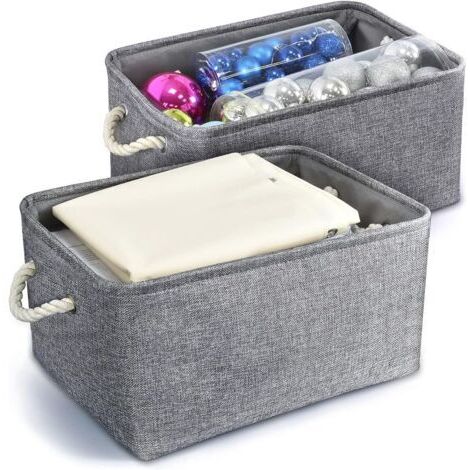 Foldable Linen Cotton Fabric Storage Baskets with Woven Handles, Storage Box for Office, Home, Toys, Organizer, 2 Pieces (Grey, M: 36x26x16cm)