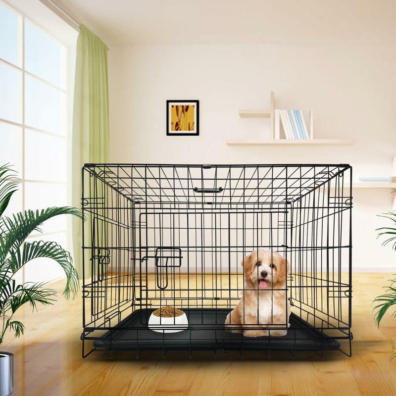 Foldable Pet Dog Cage Puppy Crate Metal Training Carrier 30inch 77.5x48.5x55.5cm with 2 Doors Removable Tray Black