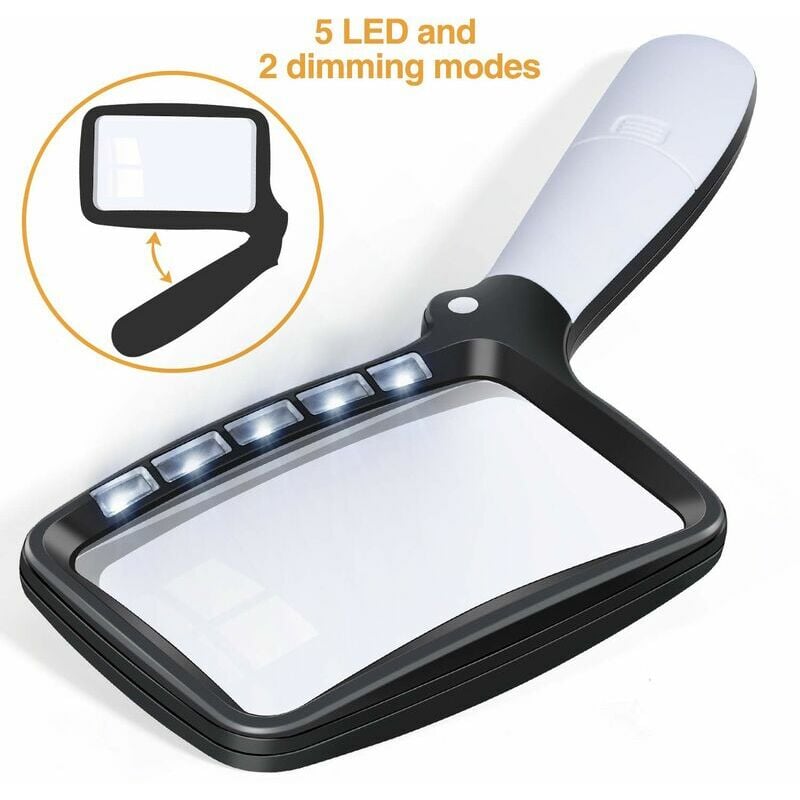 Hoopzi - Foldable Reading Magnifier Large 5 led Magnifying Glass with Light 3 Times 2 Mode Pocket Magnifier Dimmable Magnifier for Seniors Reading