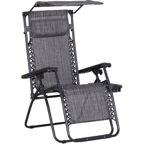 Foldable Reclining Garden Chair with Headrest, Zero Gravity Deck Sun Lounger Seat Chair with Footrest, Armrest, Cup Holder & Canopy Shade, Grey