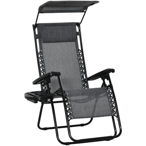 Foldable Reclining Garden Chair with Headrest, Zero Gravity Deck Sun Lounger Seat Chair with Footrest, Armrest, Cup Holder & Canopy Shade, Light Grey