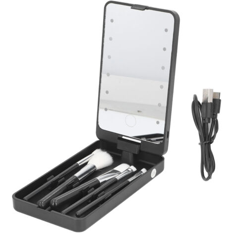 Foldable Travel Mirror Bag Portable Touch Switch LED Light Rotating Mirror Case for Makeup Black