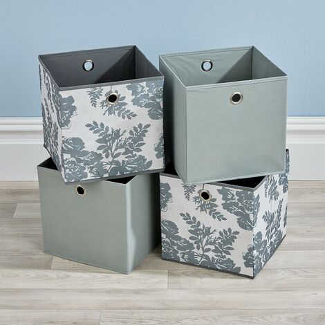Folding 2 Grey 2 Floral Square Storage Utility Box Fabric Cube 4pc Basket Set