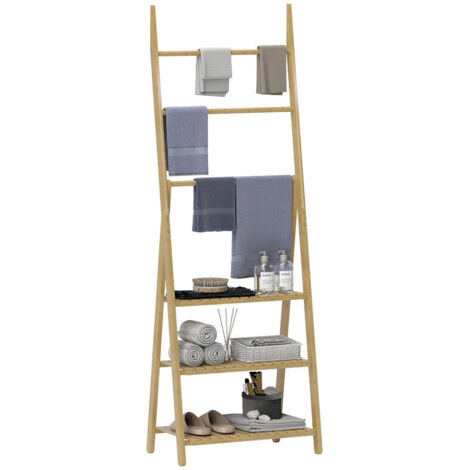 Folding 3-Tier A-Frame Bamboo Bathroom Storage Shelves with Towel Bars, Freestanding Organizer for Living Room & Bathroom