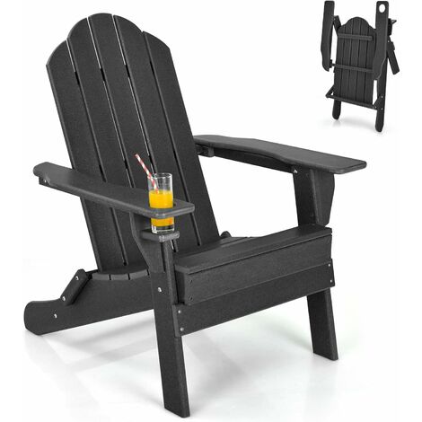 Folding Adirondack Chair, Weather Resistant Patio Chair with Built-in Cup Holder, Outdoor Armchair Lounger for Fire Pit, Patio, Garden, Backyard (Black, Folding)