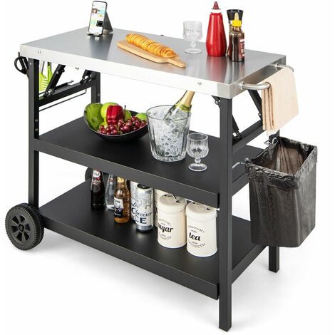 Folding BBQ Serving Trolley 3 Tier Movable Pizza Oven Table W/ Adjustable Shelf
