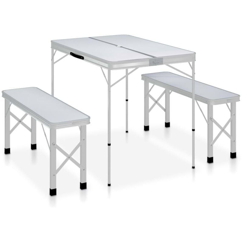 Folding Camping Table with 2 Benches Aluminium White Vidaxl