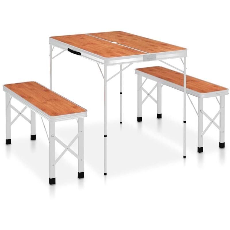 Folding Camping Table with 2 Benches Aluminium Brown Vidaxl