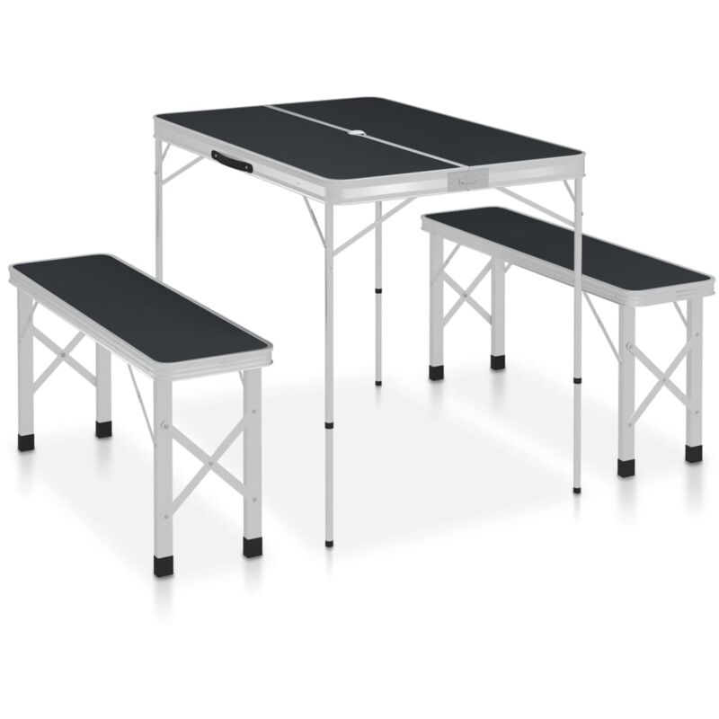 Folding Camping Table with 2 Benches Aluminium Grey - Grey - Vidaxl