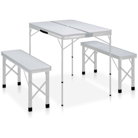 Folding Camping Table with 2 Benches Aluminium White vidaXL