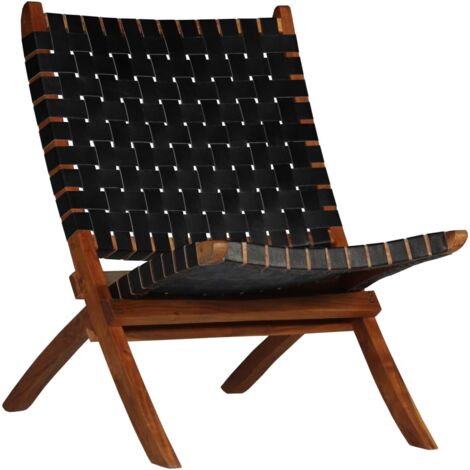 Folding Chair Crossed-Stripe Black Real Leather vidaXL