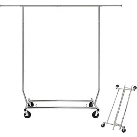 Folding Clothes Rack with Wheels, Height Adjustable Telescopic Clothes Rack, Open Metal Wardrobe for Bedroom, Bathroom (Single pole A)