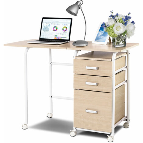 Folding Computer Desk Wheeled PC Laptop Table Writing Workstation-Natural