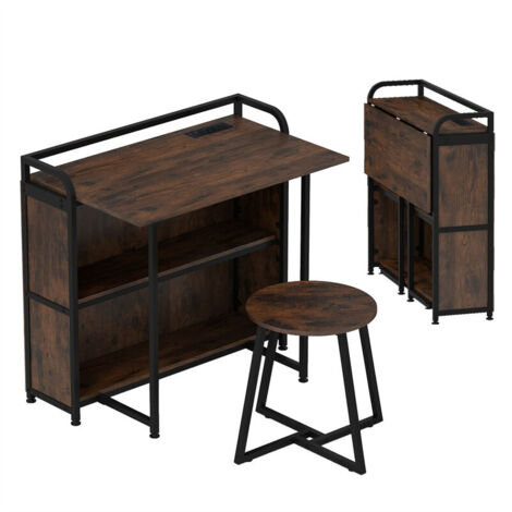 Folding Computer Desk with Stool, Storage Shelves & AC Outlets Home Office Study Workstation