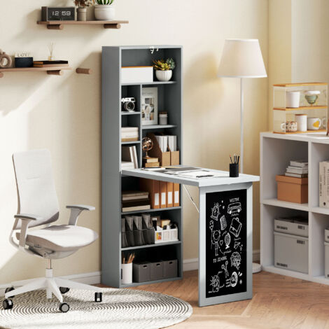 Folding Convertible Desk with Blackboard Multi-function Computer Office Workstation Side Shelf for Home Office, Grey