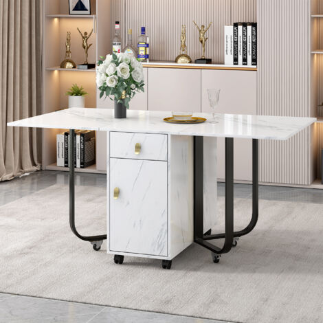 Folding dining table (1 piece) , folding kitchen utility table, with cupboard and 2 drawers 4 supporting legs on gliders (white/black)