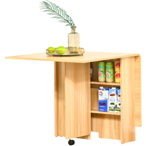 Folding Dining Table, Drop Leaf Table for Small Spaces, Foldable Rectangular Tabletop with Storage Shelves for Kitchen, Dining Room, Teak