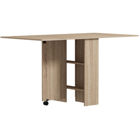 Folding Dining Table, Drop Leaf Table for Small Spaces with 2-tier Shelves, Small Kitchen Table with Rolling Casters, Natural