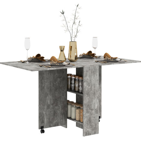 Folding Dining Table, Drop Leaf Table with 2-Tier Shelves, Rolling Casters, for Small Spaces, Kitchen, Cement Grey