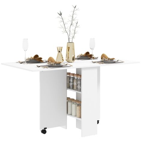 Folding Dining Table, Drop Leaf Table with 2-Tier Shelves, Rolling Casters, for Small Spaces, Kitchen, White