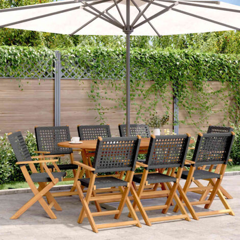Folding Garden Chairs 8 pcs Black Poly Rattan and Solid Wood vidaXL