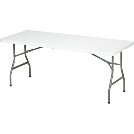 Folding Garden Table, 180 x 75cm Rectangular HDPE Outdoor Picnic Table for 6, Metal Frame for Patio, Park, White
