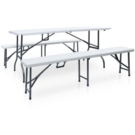 Folding Garden Table with 2 Benches 180 cm Steel and HDPE White