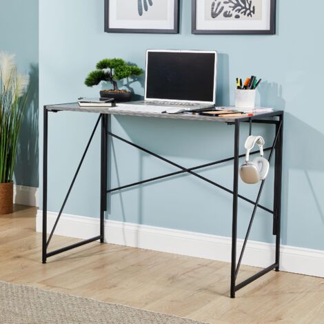 Folding Grey Compact Desk Storage Hook Wood and Metal Home Office Workstation