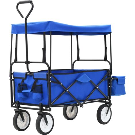 Folding Hand Trolley with Canopy Steel Blue vidaXL