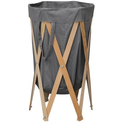 Folding Laundry Basket Grey Wood and Fabric