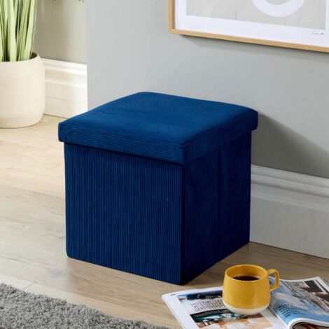 Folding Ottoman Corduroy Blue Fabric Chest Solid Space Saving Storage Square Box