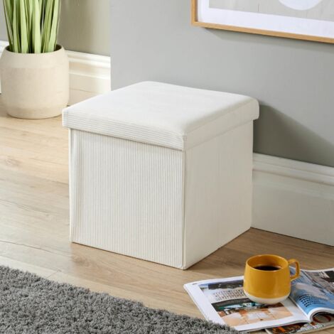 Folding Ottoman Corduroy Cream Fabric Chest Solid Space Saving Storage Square