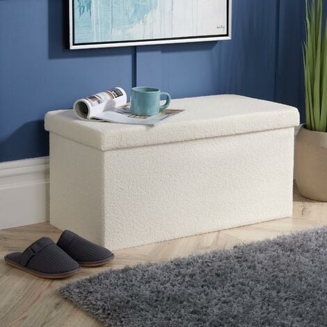Folding Ottoman Cream Boucle Teddy Bear Fabric Chest Solid Storage Square Box