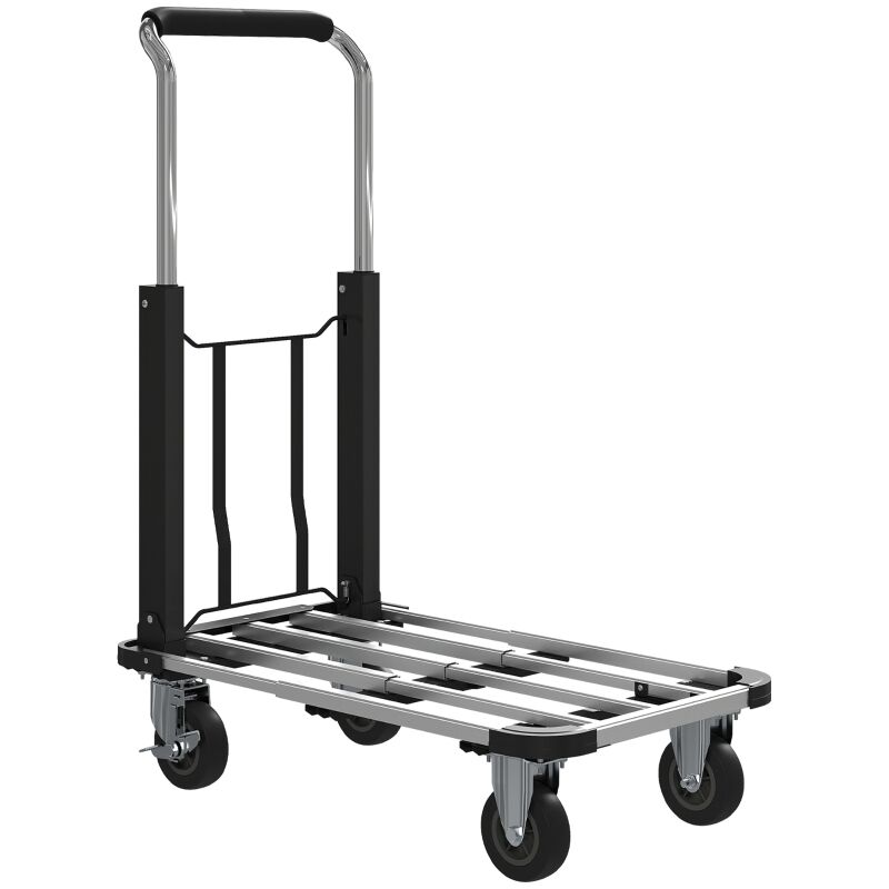 Folding platform cart, 150 kg transport trolley, garden and warehouse cart, height-adjustable handle, black