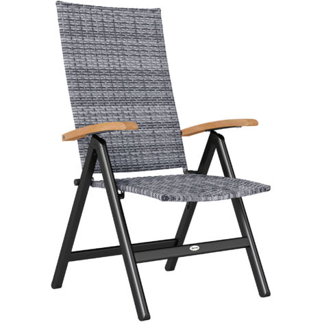 Folding Rattan Garden Dining Chair with 5-level Reclining High Back, Wood Armrests for Outdoor, Patio - Light Grey
