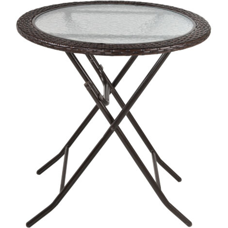 Folding Rattan Garden Dining Table, 68 cm Round Rattan Garden Table with Water Ripple Tempered Glass Top, Wicker Edging  and Steel Frame for Outdoor, Patio, Brown