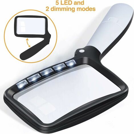 Folding Reading Magnifier Large 5 LED Magnifying Glass with Light 2X Pocket Magnifier 2 Modes Dimmable Magnifying Glass for Seniors Reading Inspection Hobby Craft Watchmaker Coins Stamps Antiques Jewe