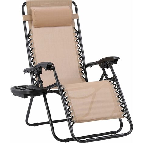 Folding Recliner Chair with Cup Holder and Adjustable Headrest Ergonomic Breathable Sun Lounger Garden Chair Zero Gravity Steel Frame Lounge Chair Beige