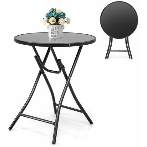 Folding Round Patio Bistro Table Tempered Glass Tabletop Outdoor Cocktail Table